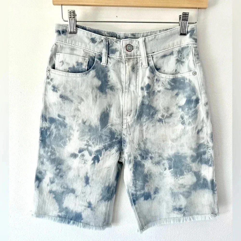 Anthropologie Pilcro Blue Tie Dye Frayed Hem High Rise Bermuda Shorts Size 25